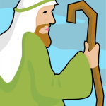 Léaráid d’fhear féasógach in éadaí glasa agus clúdach cinn bán, agus maide ina láimh aige, ar chúlra gorm.